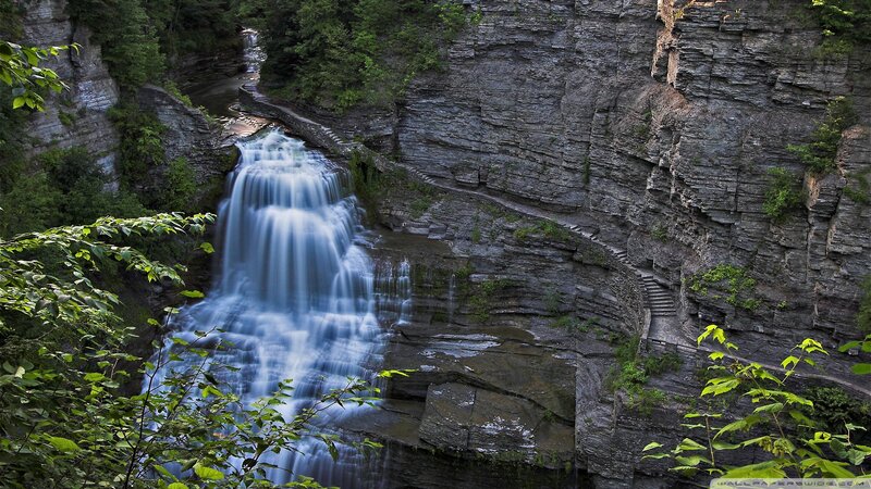 Waterfall in Canyon — Green, Serene, Afternoon, Photograph, Trees, Stairs