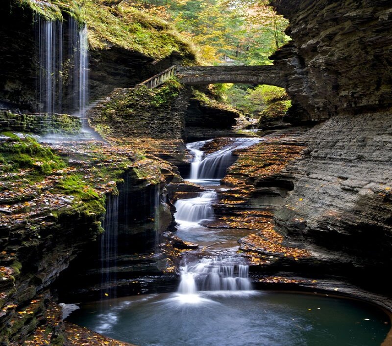 Waterfall in Canyon — Green, Serene, Autumn, Photograph, Bridge, Moss