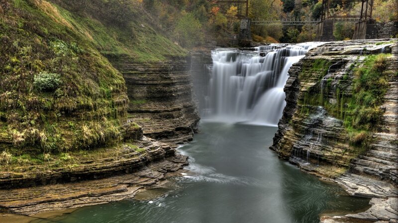 Waterfall in Canyon — Green, Serene, Autumn, Photograph, Bridge, River