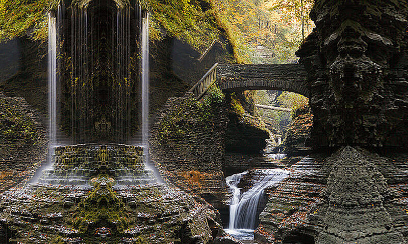 Waterfall in Canyon — Green, Serene, Autumn, Photograph, Bridge, Trees