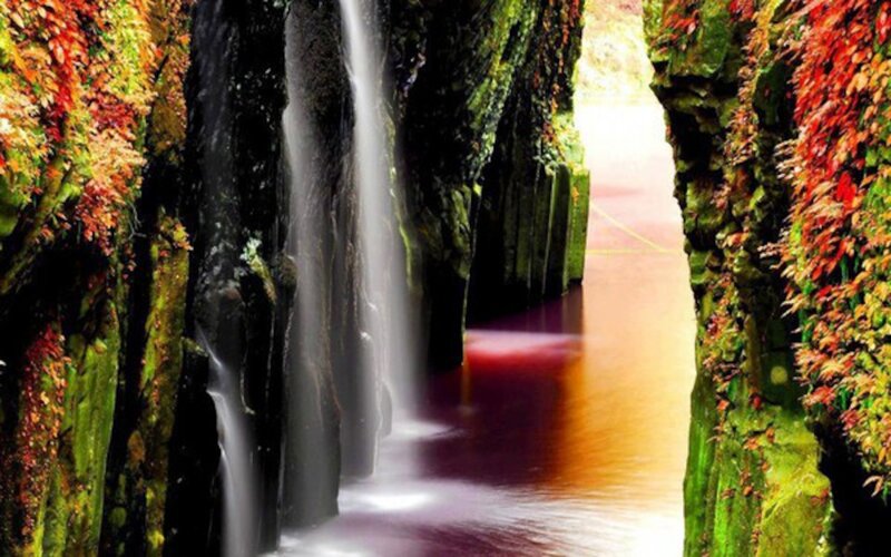 Waterfall in Canyon — Green, Serene, Autumn, Photograph, Leaves