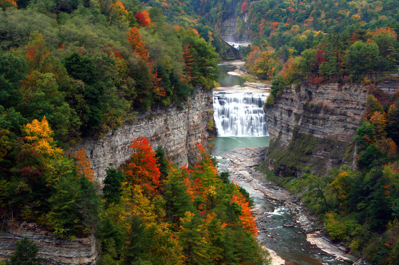 Waterfall in Canyon — Green, Serene, Autumn, Photograph, River, Trees