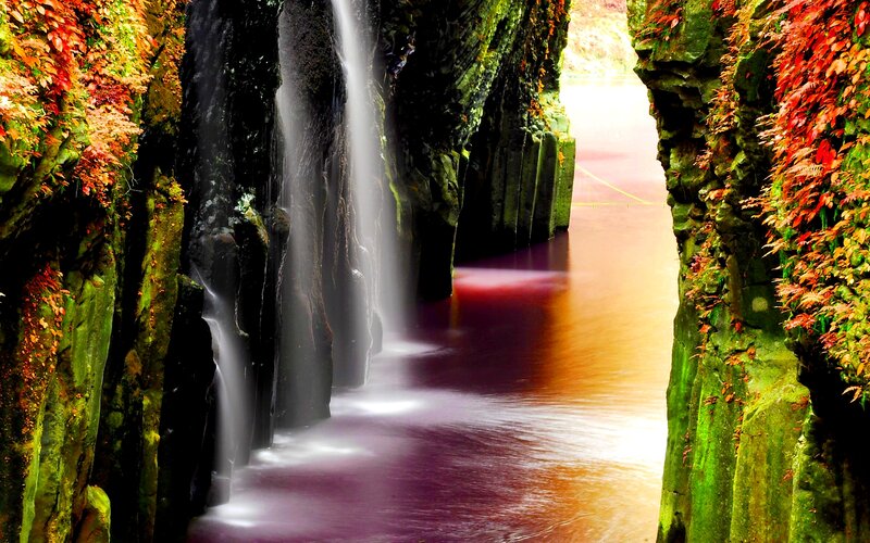 Waterfall in Canyon — Green, Serene, Autumn, Photograph, Trees, River