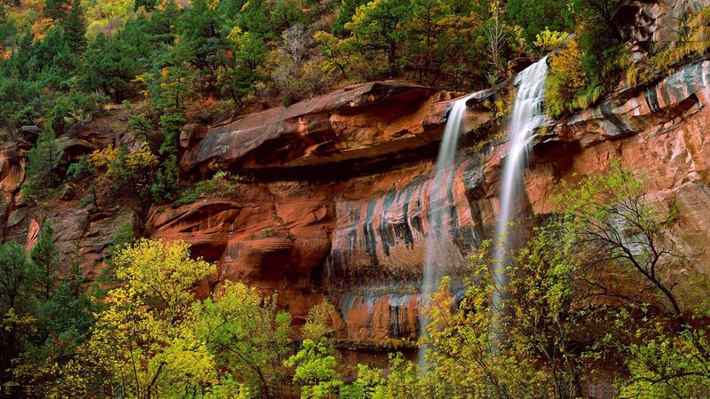 Waterfall in Canyon — Green, Serene, Autumn, Photograph, Trees, Rocks