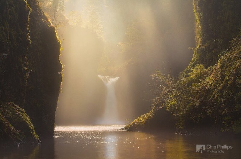 Waterfall in Canyon — Green, Serene, Morning, Photograph, Moss, Sunlight
