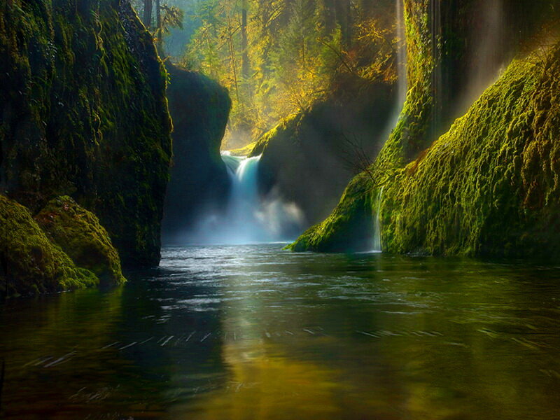 Waterfall in Canyon — Green, Serene, Morning, Photograph, Moss