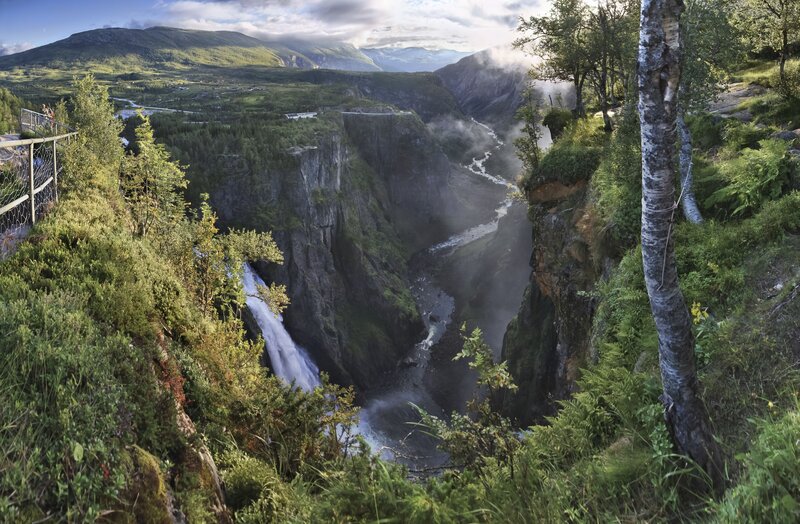 Waterfall in Canyon — Green, Serene, Morning, Photograph, Mountains