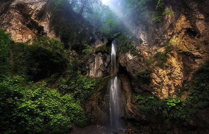 Waterfall in Canyon — Green, Serene, Morning, Photograph, Trees, Mist