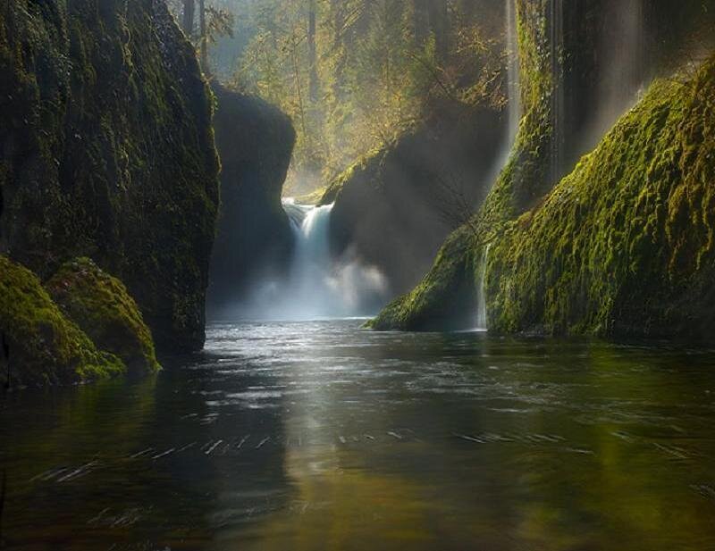 Waterfall in Canyon — Green, Serene, Morning