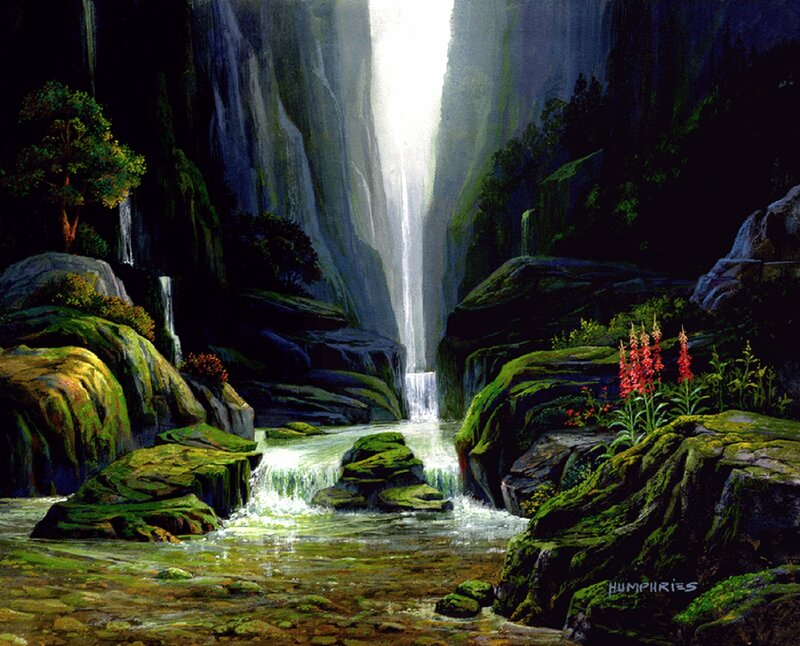 Waterfall in Canyon — Green, Serene, Painting, Trees