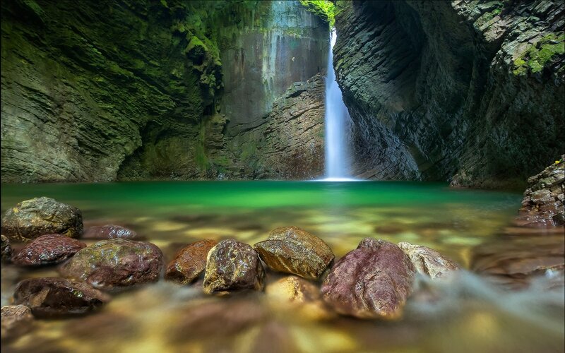 Waterfall in Canyon — Green, Serene, Photograph, Pool, Rocks