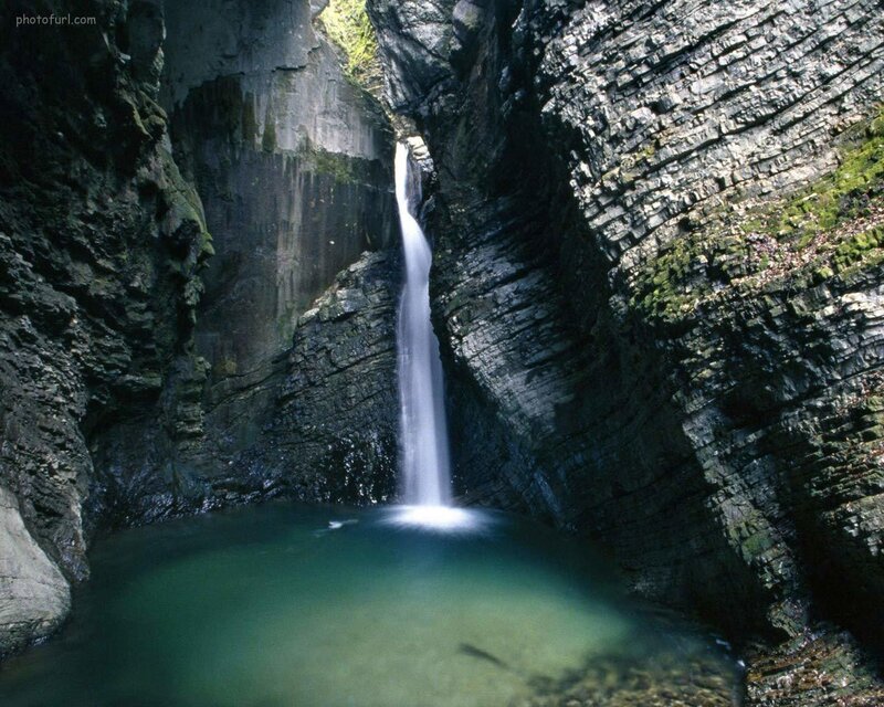 Waterfall in Canyon — Green, Serene, Photograph, Pool