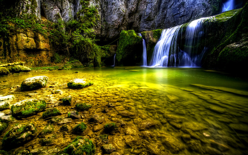 Waterfall in Canyon — Green, Serene, Photograph, River