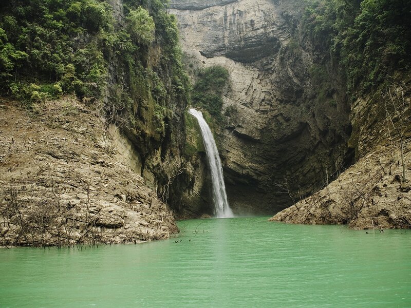 Waterfall in Canyon — Green, Serene, Photograph, River, Trees