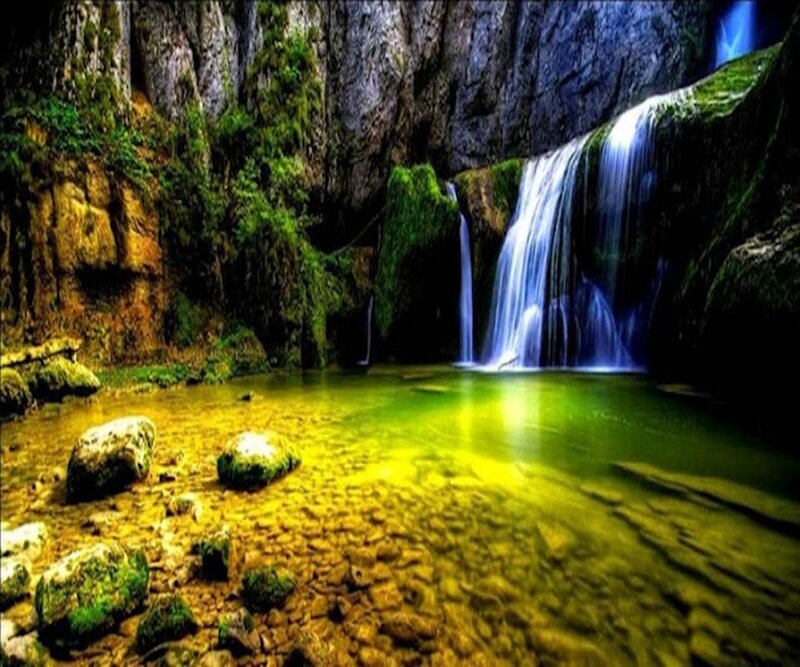 Waterfall in Canyon — Green, Serene, Photograph, Rocks, Pool