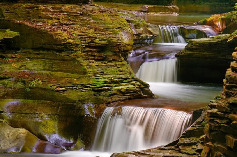 Waterfall in Canyon — Green, Serene, Photograph, Rocks