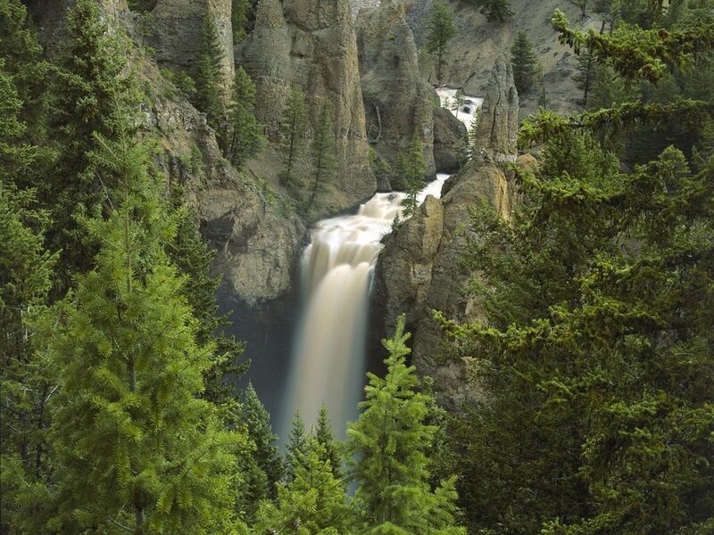Waterfall in Canyon — Green, Serene, Photograph, Trees, River, Brown