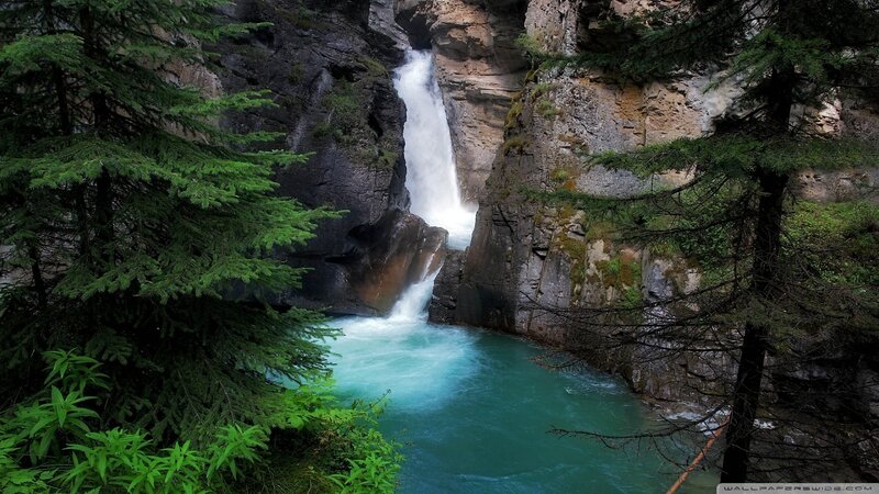 Waterfall in Canyon — Green, Serene, Photograph, Trees, River