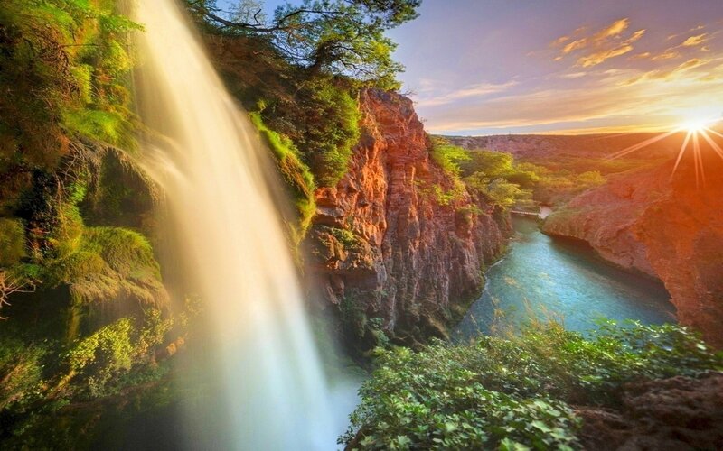 Waterfall in Canyon — Green, Serene, Sunrise