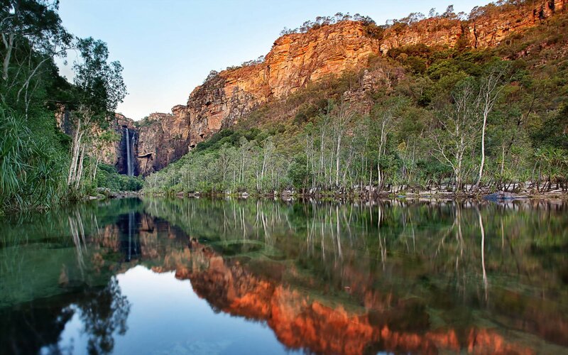Waterfall in Canyon — Green, Serene, Sunset, Photograph