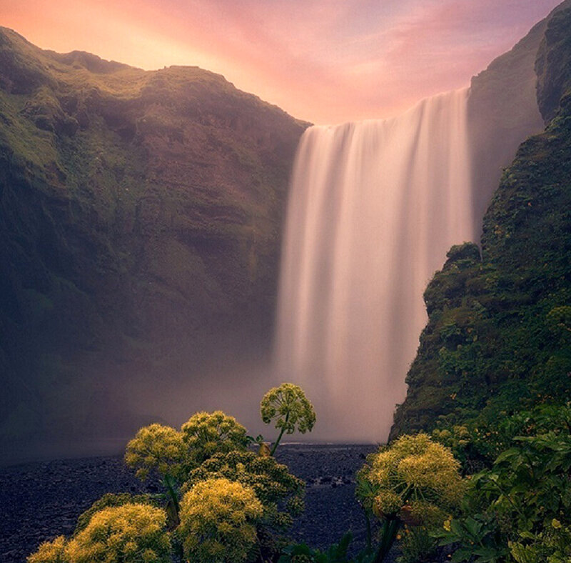 Waterfall in Canyon — Green, Serene, Sunset