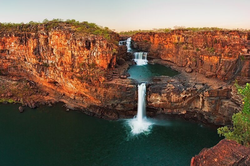 Waterfall in Canyon — Orange, Dramatic, Sunset, Photograph, River, Cliffs