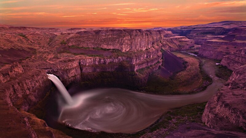 Waterfall in Canyon — Orange, Dramatic, Sunset, Photograph, River, Sky
