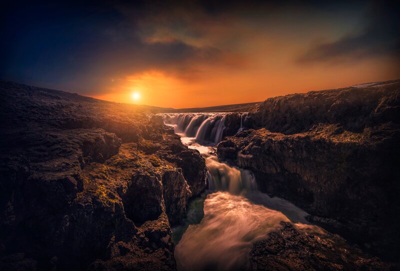 Waterfall in Canyon — Orange, Dramatic, Sunset, Photograph, Sun