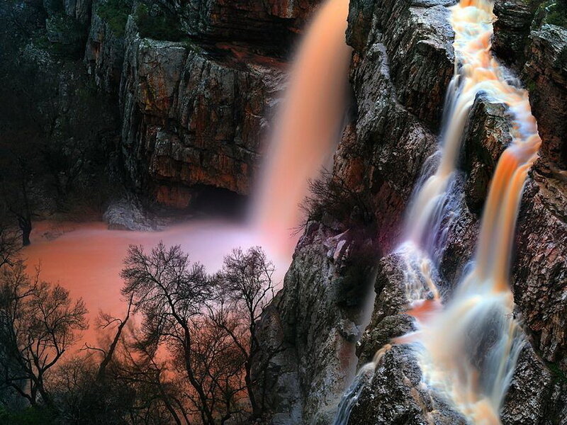 Waterfall in Canyon — Orange, Dramatic, Sunset, Photograph