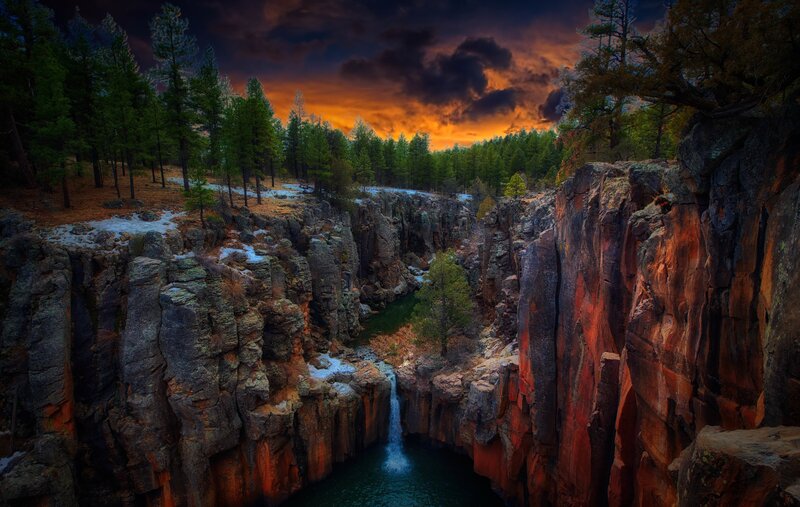 Waterfall in Canyon — Orange, Dramatic, Sunset, Photograph, Trees