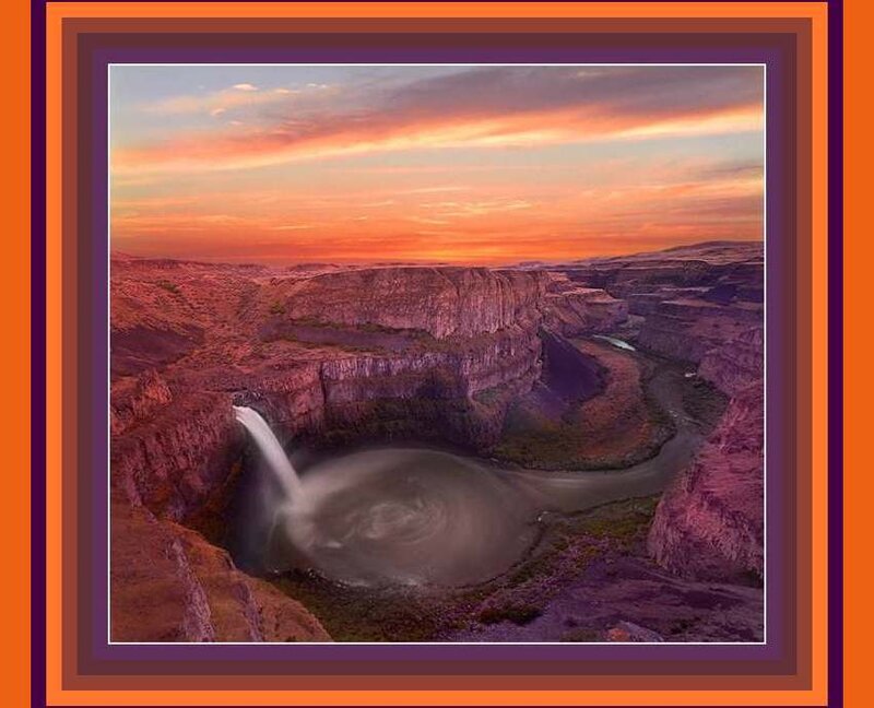 Waterfall in Canyon — Orange, Dramatic, Sunset