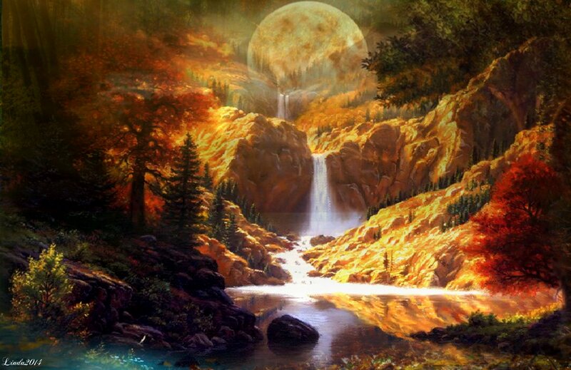 Waterfall in Canyon — Orange, Serene, Night