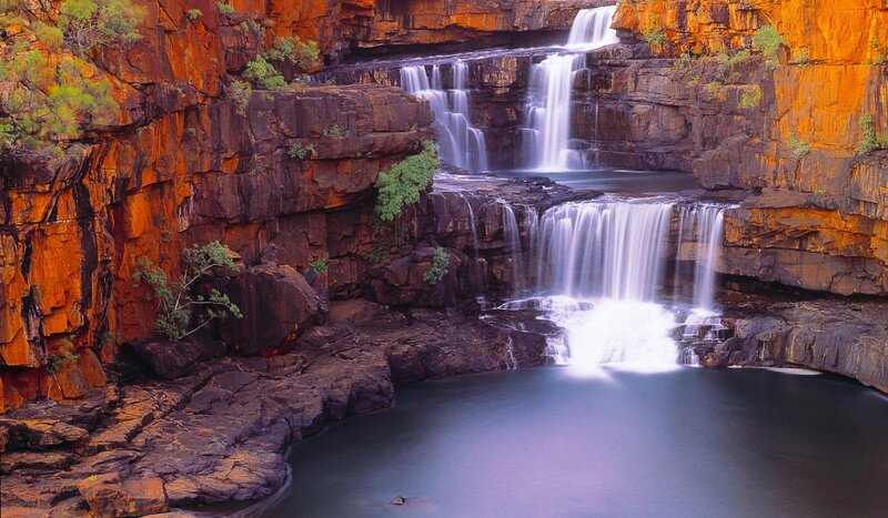 Waterfall in Canyon — Orange, Serene, Sunset, Photograph