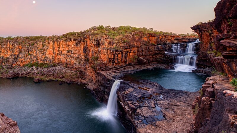 Waterfall in Canyon — Orange, Serene, Sunset