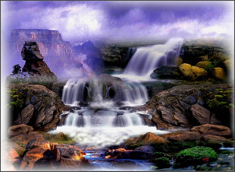 Waterfall in Canyon — Purple, Dramatic, Digital Art