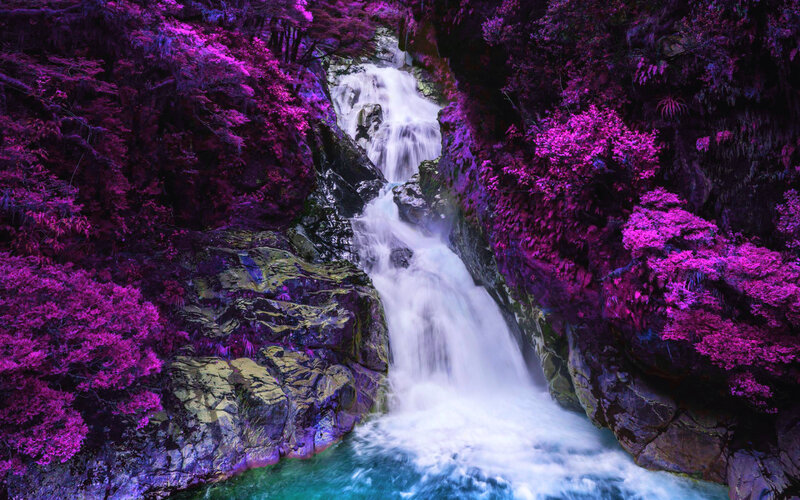 Waterfall in Canyon — Purple, Dramatic, Photograph