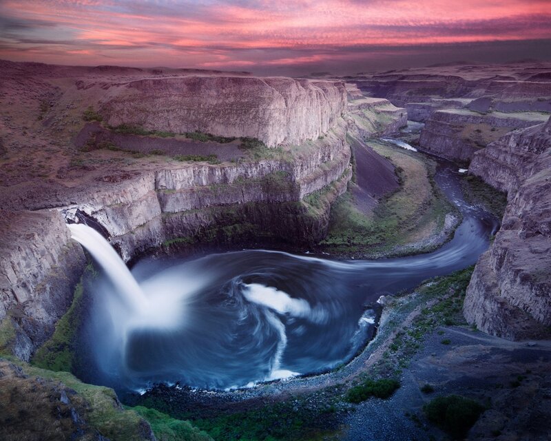 Waterfall in Canyon — Purple, Dramatic, Sunset, Photograph, River, Cliffs, Sky