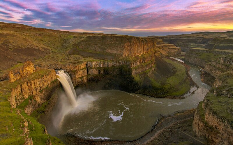 Waterfall in Canyon — Purple, Dramatic, Sunset, Photograph, River, Cliffs
