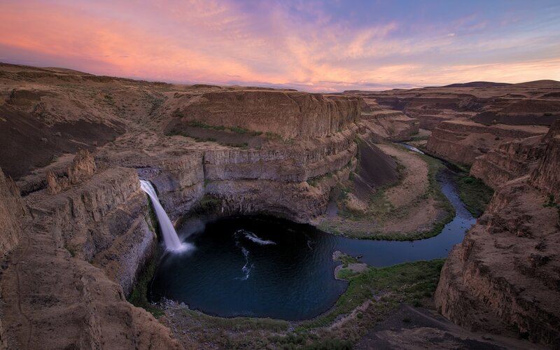 Waterfall in Canyon — Purple, Dramatic, Sunset, Photograph, River