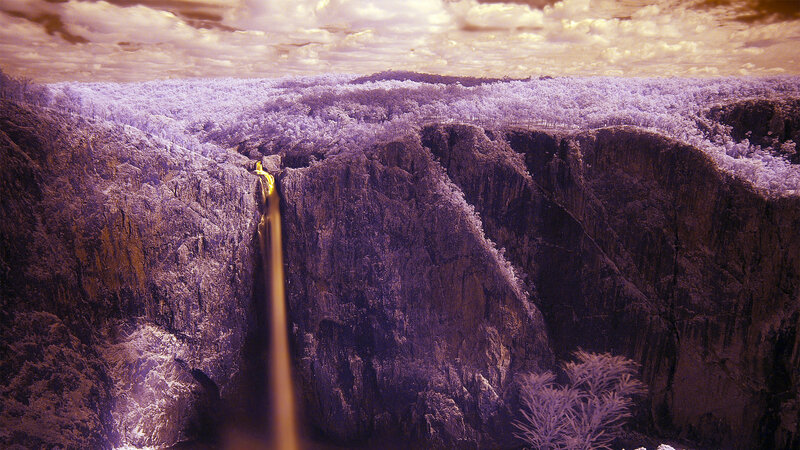 Waterfall in Canyon — Purple, Dramatic, Sunset, Photograph