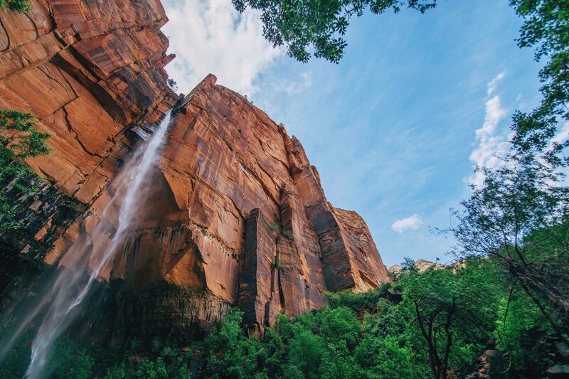 Waterfall in Canyon — Red, Dramatic, Afternoon, Photograph, Trees