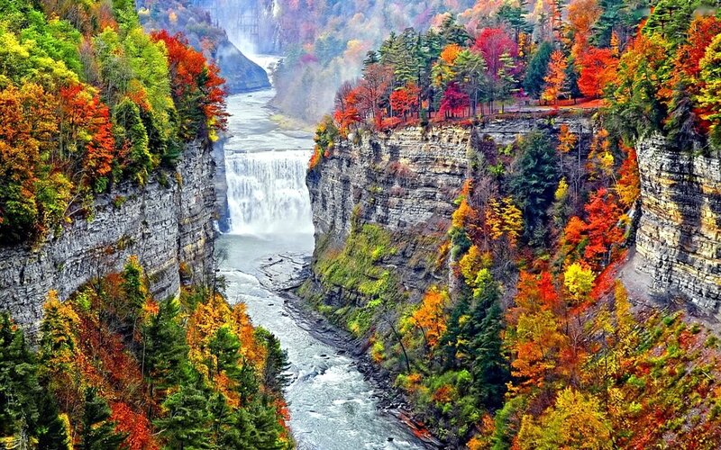 Waterfall in Canyon — Red, Dramatic, Autumn