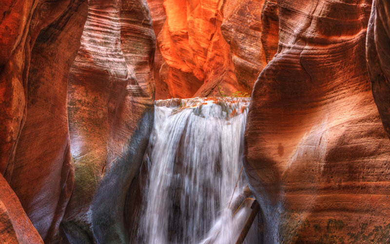 Waterfall in Canyon — Red, Dramatic, Photograph, Rock