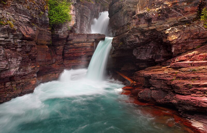 Waterfall in Canyon — Red, Dramatic, Photograph