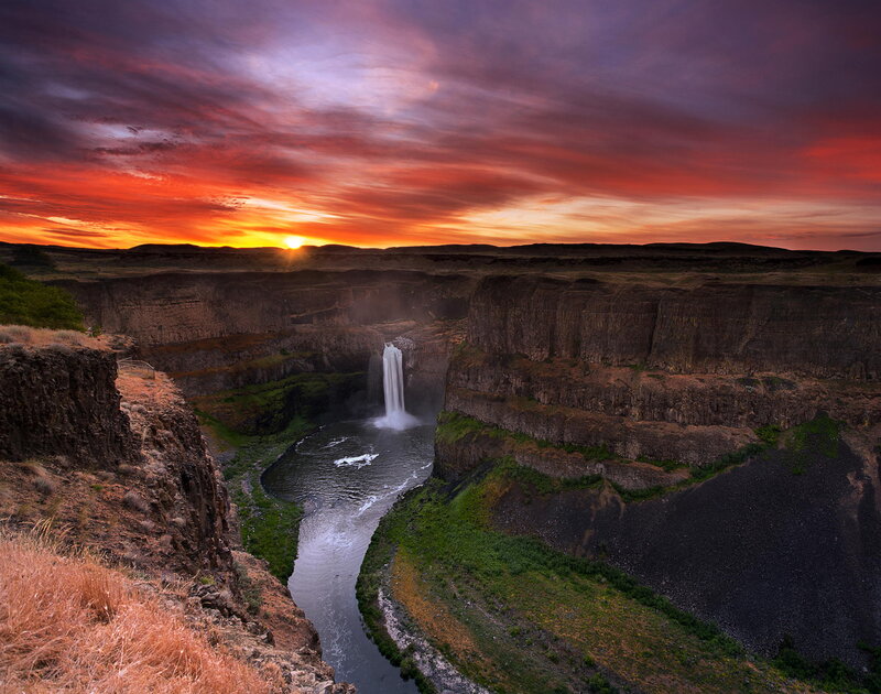 Waterfall in Canyon — Red, Dramatic, Sunrise