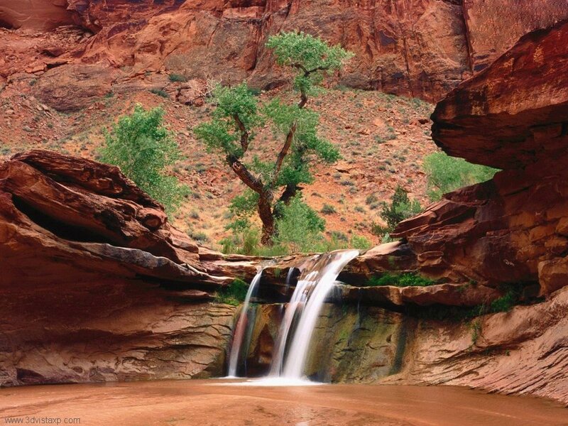 Waterfall in Canyon — Red, Serene, Afternoon, Photograph, Tree, Rocks