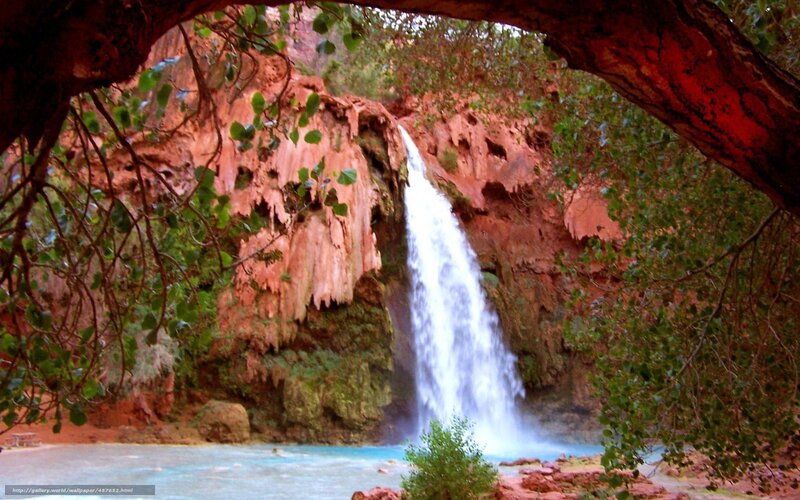 Waterfall in Canyon — Red, Serene, Afternoon, Photograph, Trees, Pool, Rock