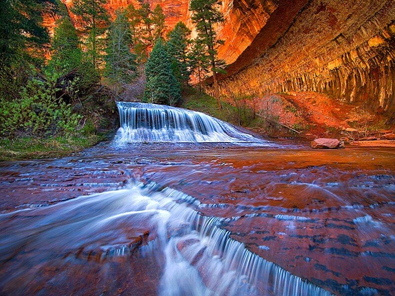 Waterfall in Canyon — Red, Serene, Afternoon, Photograph, Trees, River