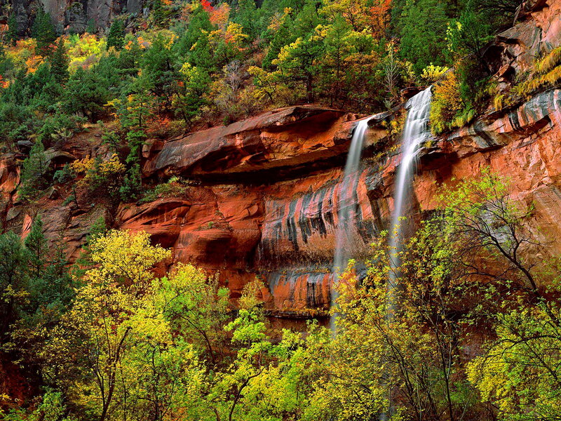 Waterfall in Canyon — Red, Serene, Autumn