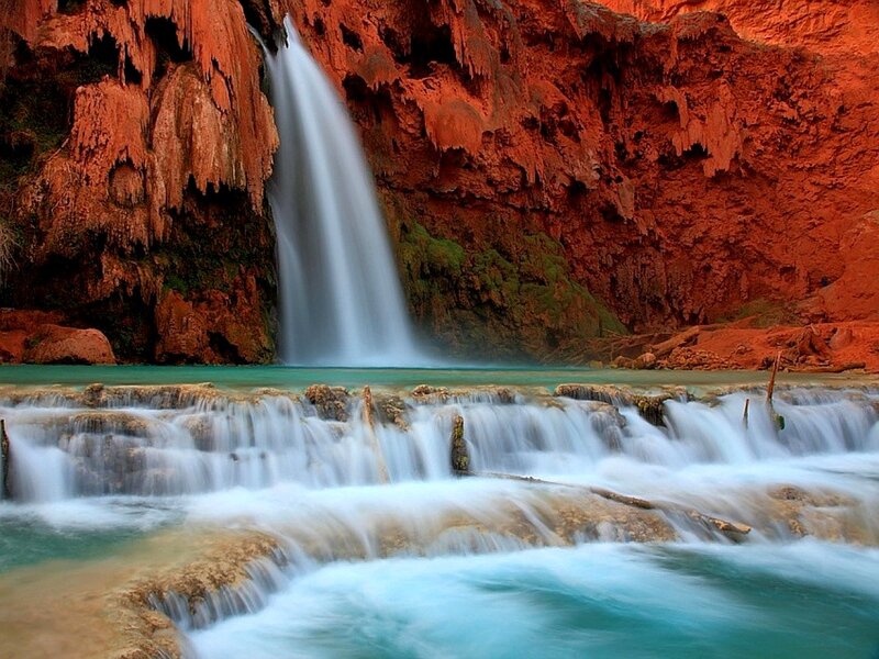 Waterfall in Canyon — Red, Serene, Photograph, River